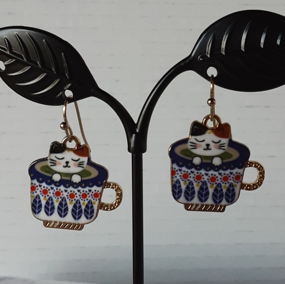 Hand Crafted Jewelry - Handcrafted Cat In Tea Cup Pierced Dangle Earrings Blue